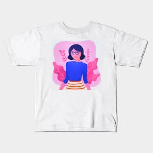 Girl with Wavy Hair and Glasses Kids T-Shirt